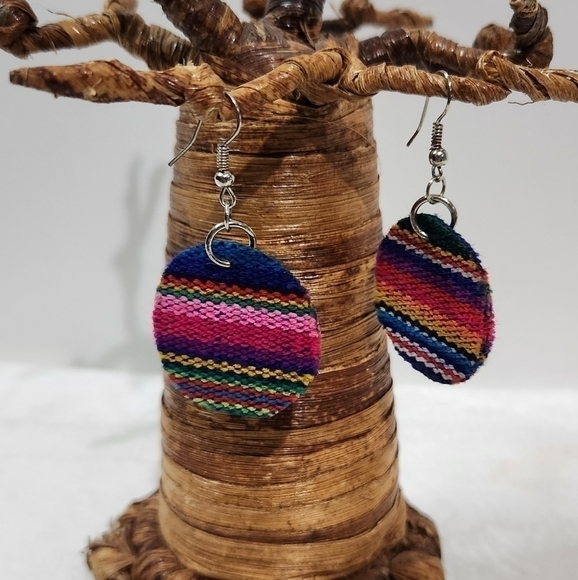 Rainbow Pride Fabric Round Circle Drop Dangle Silver Fish Hook Earrings - Picture 5 of 8